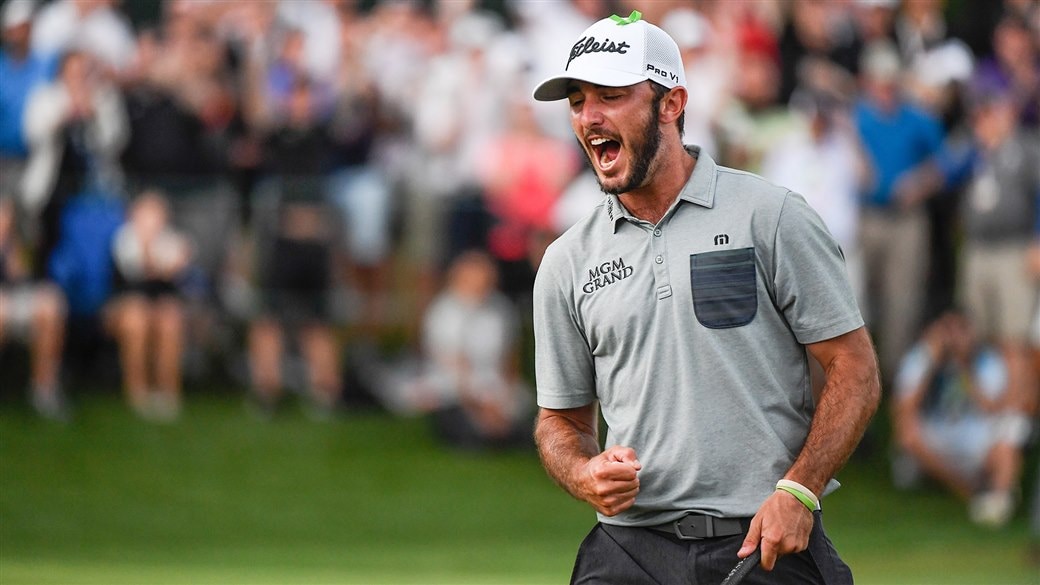 Max Homa celebrates after winning the 2019 Wells Fargo Championship