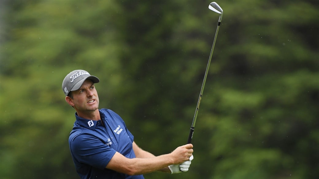 Webb Simpson flight a shot down using a Titleist 620 MB 7-iron at the RSM Classic..